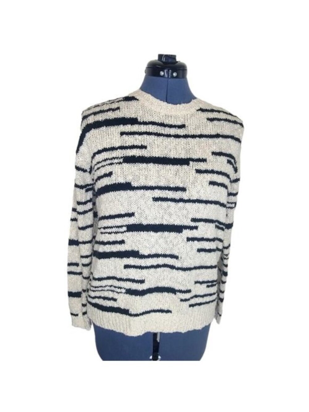 Forever 21 Women's Sweater Small Cream Black Geometric Print Crew Neck Knit